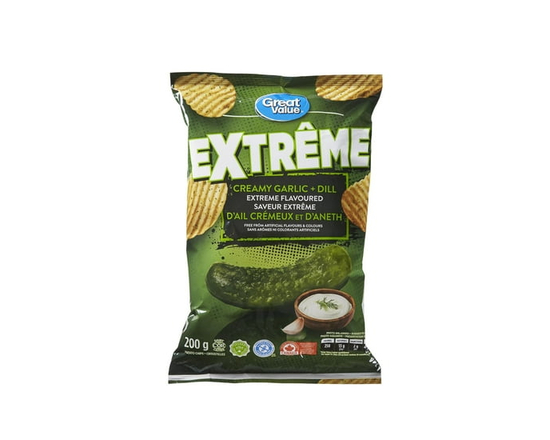 Great Value Creamy Garlic and Dill Extreme Flavoured Rippled Chips - 200 g