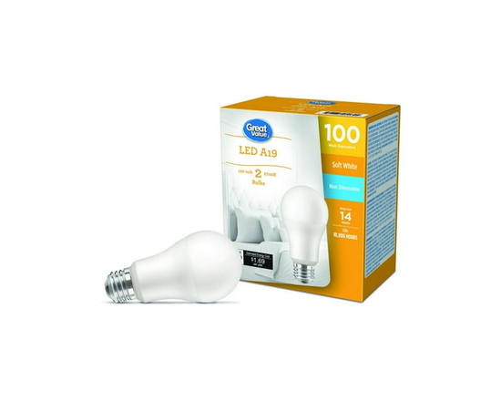 Great Value 100W A19 Soft White LED Light Bulbs - 2 Pack