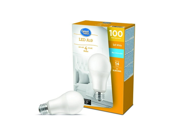 Great Value 60W A19 Soft White LED bulbs 4-pack