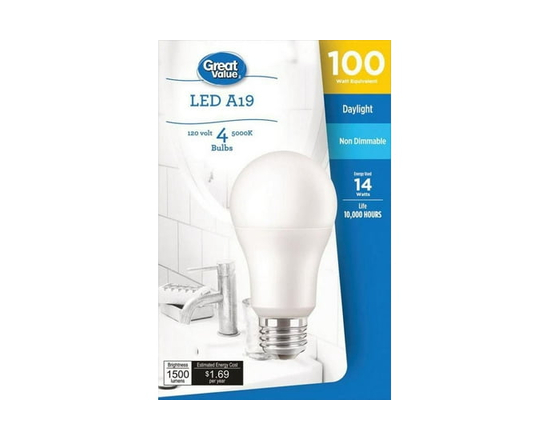 Ampoules DEL Great Value A19 100 W lumière du jour, paq. de 4