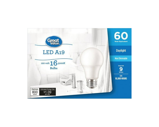 Great Value 60W A19 Daylight LED bulbs 16 Pack