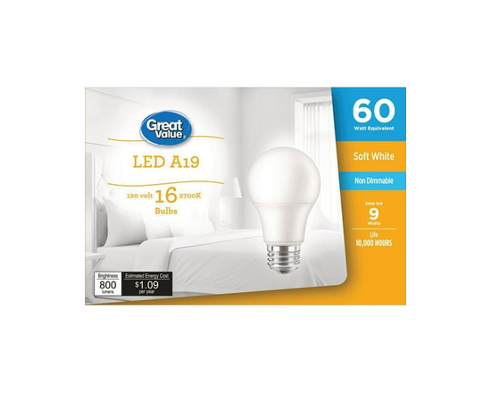 Great Value 60W A19 Soft White LED bulbs 16-pack