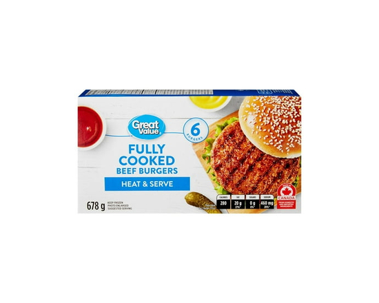 Burgers de bœuf entièrement cuits Great Value - 6 Hamburgers par Paquet