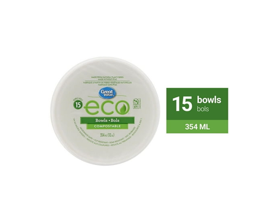 Great Value Eco Compostable Bowls, 15 Bowls