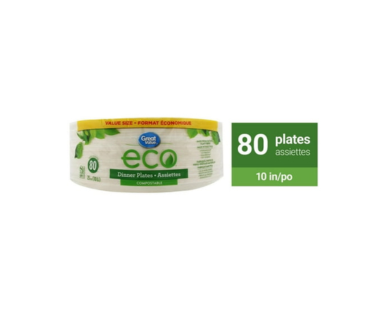 Great Value Eco Compostable Dinner Plates, 80 Plates