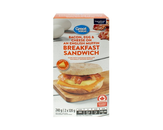 Sandwich-déjeuner Bacon, œuf et fromage sur un muffin anglais Great Value - 240 g (2 x 120 g)