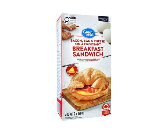 Great Value Frozen Breakfast Sandwich, Bacon, Egg & Cheese on a Croissant - 240 g (2 x 120 g)