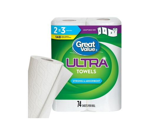 Great Value Ultra Paper Towel, 2 Rolls, 74 Sheets per Roll