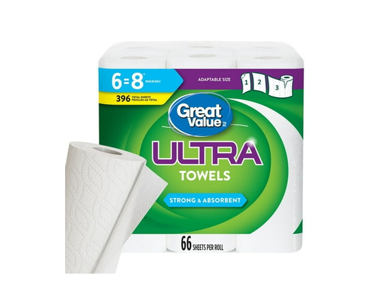 Great Value Ultra Paper Towel, 6 Rolls, 66 Sheets per Roll