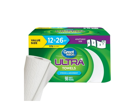 Great Value Ultra Paper Towel, 12 Rolls, 98 Sheets per Roll
