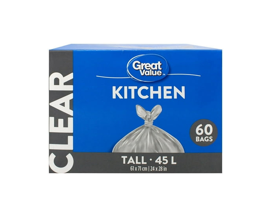 Great Value Tall Kitchen Garbage Bags, 45L , 60bags