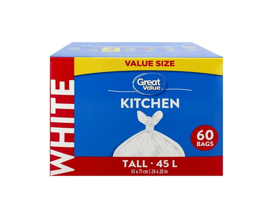 Great Value Tall Kitchen Garbage Bags, 45L , 60bags