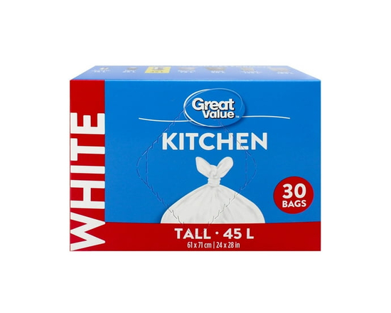 Great Value Tall Kitchen Garbage Bags, 45L , 30bags