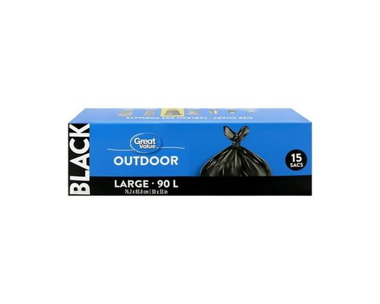 Great Value Large Outdoor Garbage Bags, 90L , 15bags