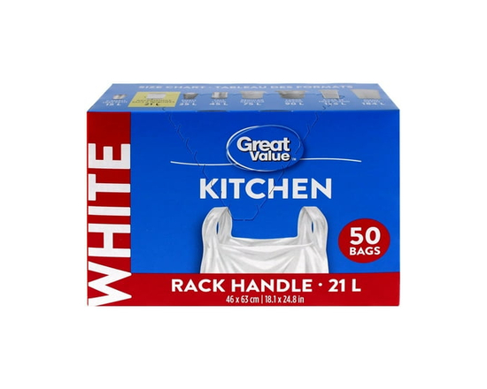 Great Value Rack Handle Kitchen Garbage Bags, 21L , 50bags