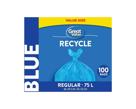 Great Value Regular Blue Recycle Bags, 75L , 100bags