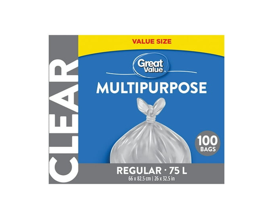 Great Value Sacs Polyvalents Transparents Réguliers, 75L, 100sacs