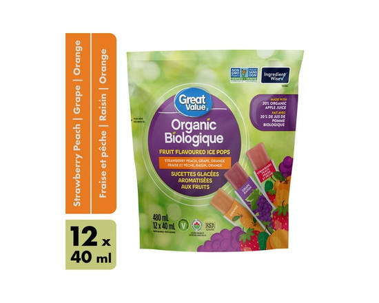 Great Value Organic Fruit Flavoured Ice Pops - Strawberry Peach, Grape, Orange - 480 ml