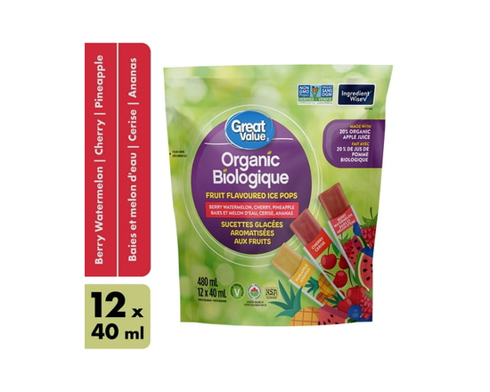 Great Value Organic Fruit Flavoured Ice Pops - Berry Watermelon, Cherry, Pineapple - 480 ml