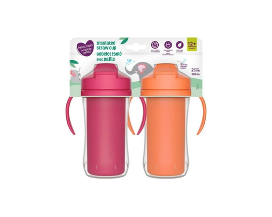 Parent's Choice Insulated Sippy Cup with Straw and Handles, 2x300ml Cups, 12m+, Green (Pink and orange)