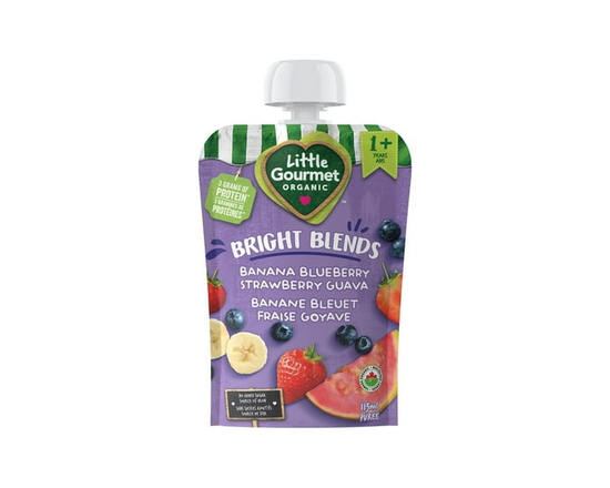 Little Gourmet Organic Bright Blends Pouch – Banana Blueberry Strawberry Guava, Baby/Toddler Food Stage 2 - 113 mL