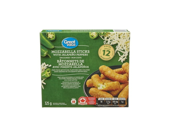 Great Value Frozen Mozzarella Sticks Stuffed with Jalapeno Peppers Appetizers - 325g