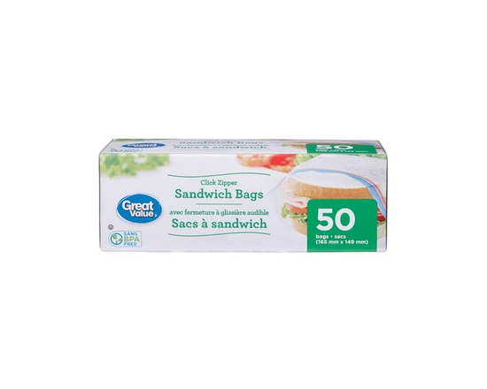 Great Value Sandwich Bags, Zipper Seal, 50 Bags - 165 mm x 149 mm
