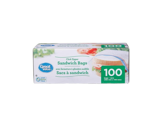 Great Value Sandwich Bags, Zipper Seal, 100 Bags