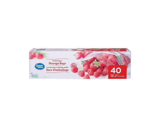 Great Value, Double Zipper Freezer Bag, Large, 40 Bags - 268 mm x 273 mm