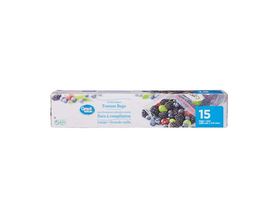 Great Value Double Zipper Freezer Bags, Large, 15 Bags - 268 mm x 273 mm