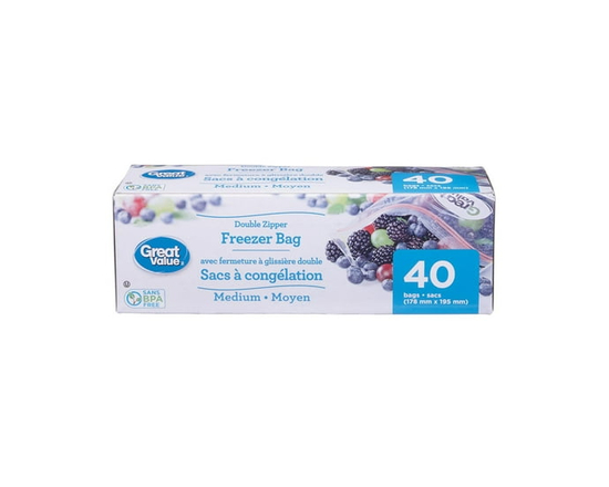 Great Value Double Zipper Freezer Bag, Medium, 40 Bags - 178 mm x 195 mm