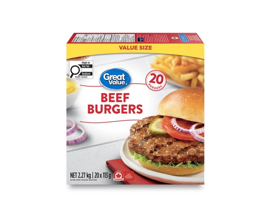 Great Value Frozen Beef Value pack Burgers - 20x113g, 2.27KG