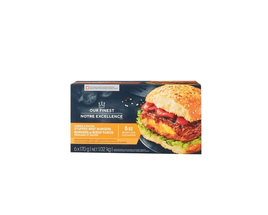 Our Finest Frozen Cheddar & Bacon Stuffed Beef Burgers - 6x170g