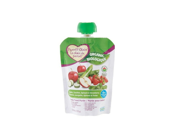 Parent's Choice Purée pour Bébés Biologique aux Pommes, Épinards, Courgettes & Fraises - 125 Grammes