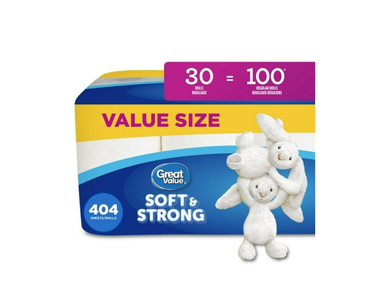 Great Value, Septic Safe Toilet Paper, 30 Family Equal 100 Rolls