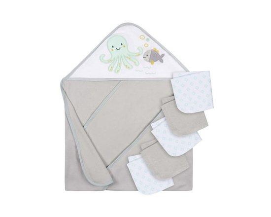 Parent’s Choice Hooded Towel and 5 Washcloths Set, Neutral - 26" x 30"