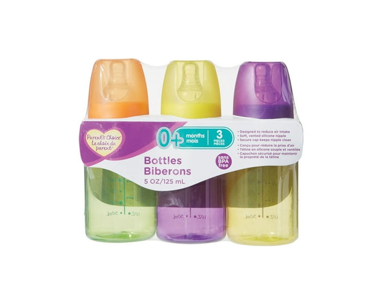 Parent’s Choice Tinted Baby Bottles, BPA Free, 3x5oz Bottles, Multi Color
