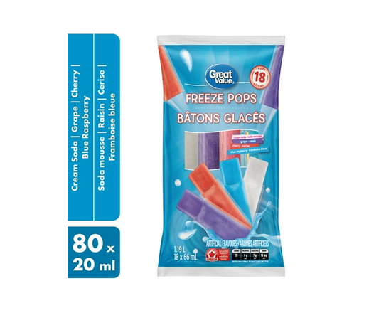 Great Value Freeze Pops - Cream Soda, Grape, Cherry, Blue Raspberry - 66 mL