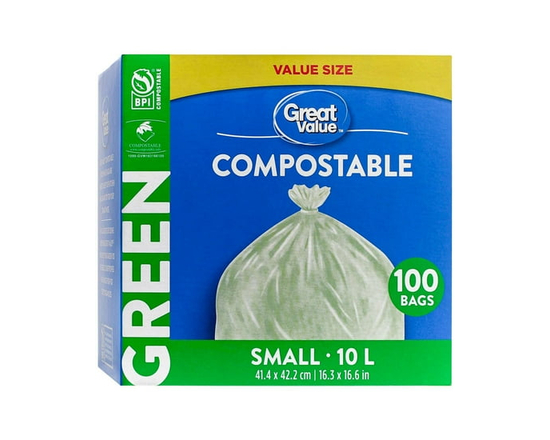 Great Value Small Green Compostable Bags, 10L , 100bags
