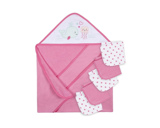 Parent’s Choice Hooded Towel and 5 Washcloths Set, Girl - 26" x 30"