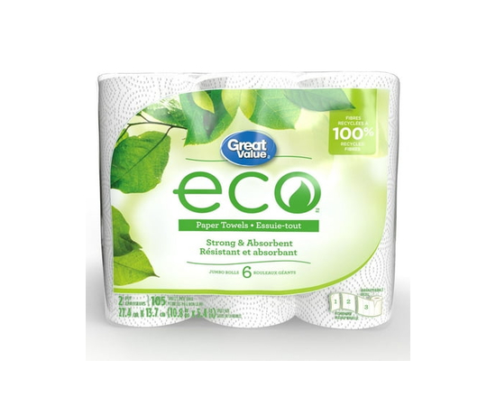 Great Value ECO Paper Towels, 6 Jumbo Rolls, 105 Sheets