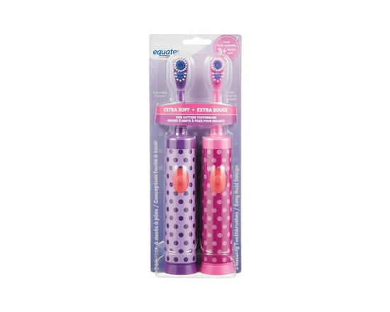 Brosse à dents pour enfants Equate™ alimentée par pile, poils extra doux. Points roses et violets, 2 unités - 2 comptes