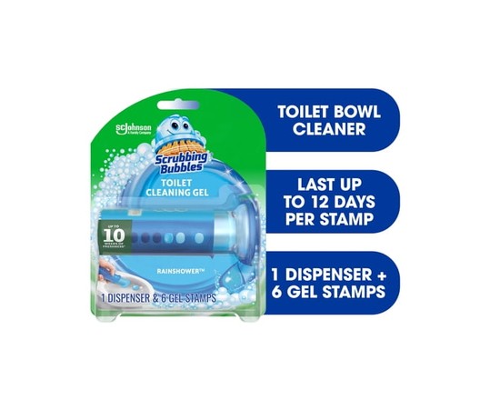 Scrubbing Bubbles® Toilet Bowl Cleaner, Fresh Gel Stamp, Rainshower Scent, Dispenser with 6 Gel Stamps - 38 g