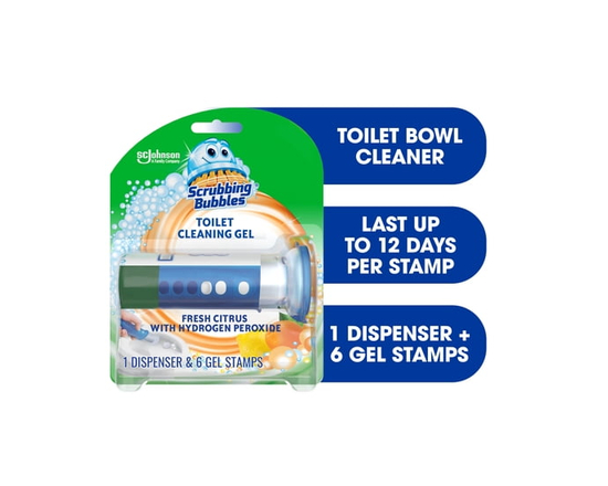 Scrubbing Bubbles® Toilet Bowl Cleaner, Fresh Gel Stamp, Citrus Scent, Dispenser with 6 Gel Stamps - 38 g