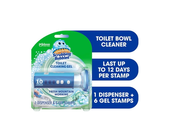 Scrubbing Bubbles® Toilet Bowl Cleaner, Fresh Gel Stamp, Fresh Mountain Morning Scent, Dispenser with 6 Gel Stamps - 38 g