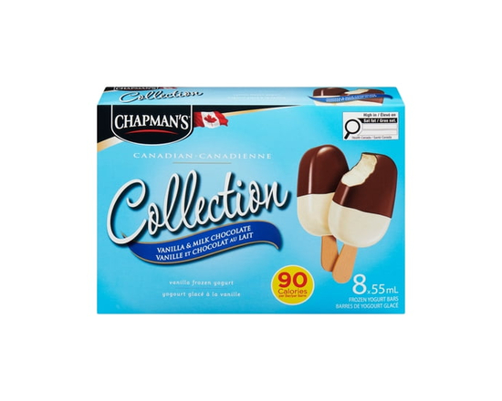Chapman's Low Calorie Canadian Collection Vanilla & Milk Chocolate Frozen Yogurt bar in a Carton - 55 mL