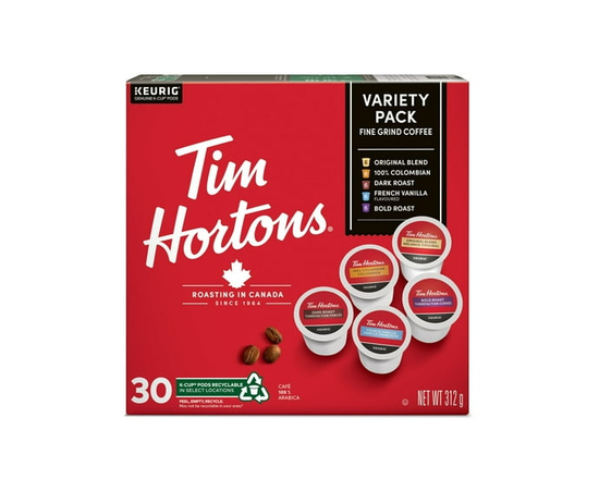 Tim Hortons Variety Pack with Original, Dark Roast, Colombian, Bold Roast and French Vanilla Coffee Pod K-Cups, Keurig Compatible, 30 Count - 312 g