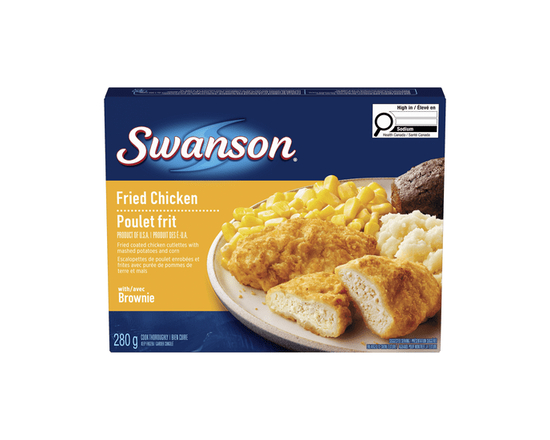 Swanson Fried Chicken Frozen Dinner, Fried coated chicken cutlets with Mashed Potatoes and Corn with brownie - 280g
