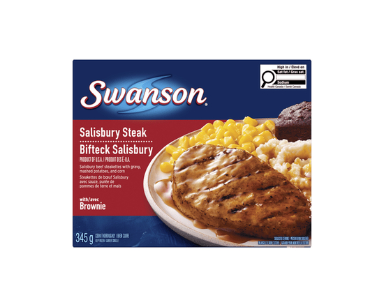 Swanson Biftecks Salisbury de bœuf avec sauce, purée de pommes de terre, maïs et brownie - 345 g