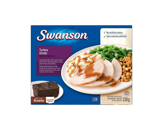 Swanson Turkey Dinner: seasoned turkey with mashed potatoes, gravy, green beans, and stuffing - 338g